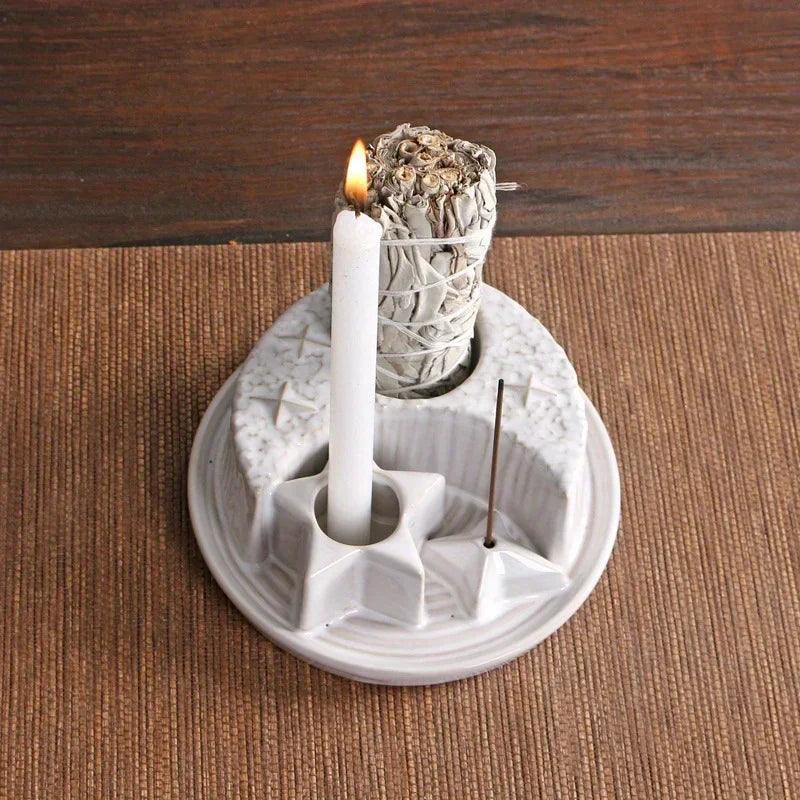 4-In-1 Ceramic Candle & Incense Holder Morandi Color with Cute Stars and Moon Design Perfect for Sage Palo Santo Stick Incense - petguardiansupplies