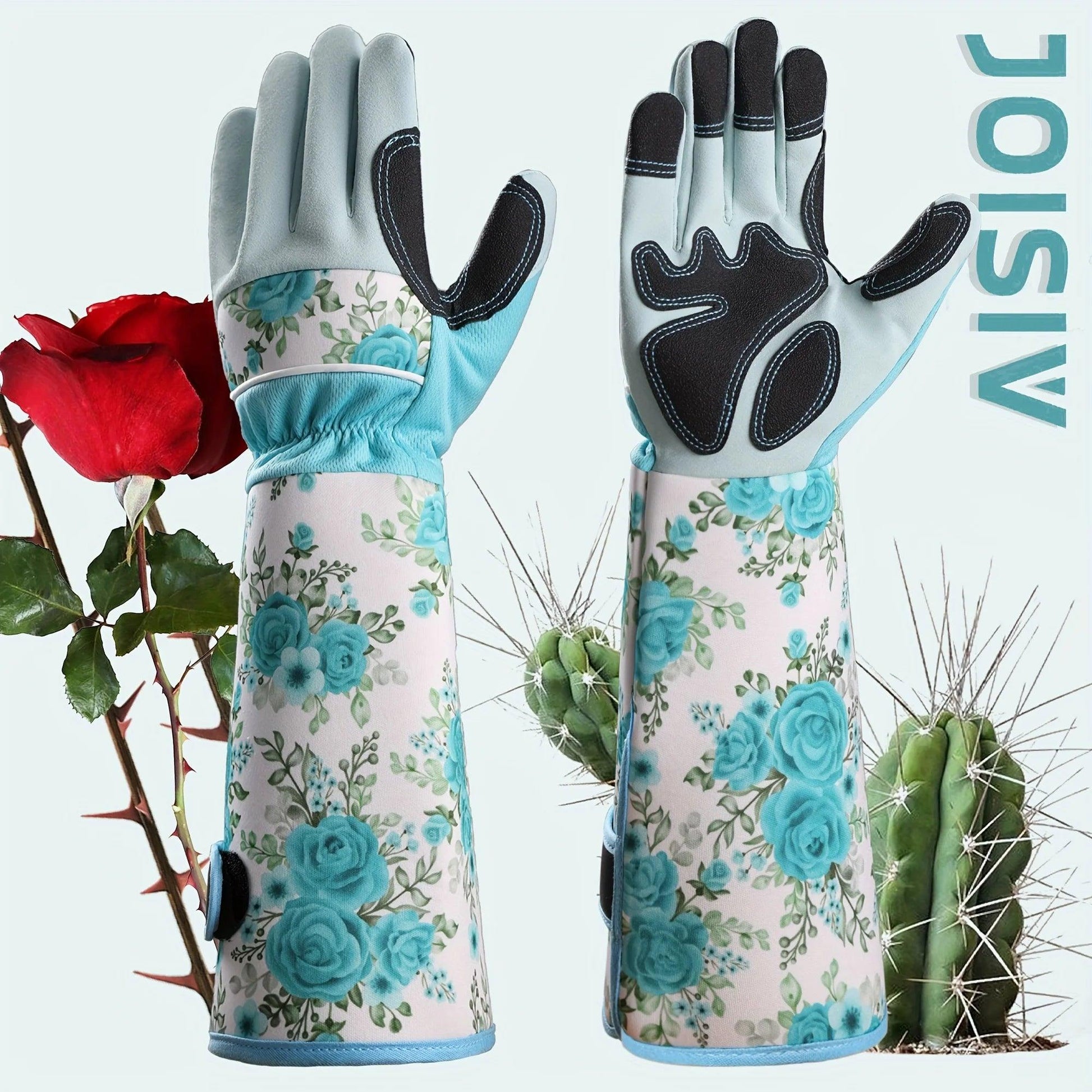 1 Pair Women's Long Gardening Gloves, Blue Print Leather, Thorn Proof, Breathable Gauntlet, Durable & Comfortable for Yard Work - petguardiansupplies