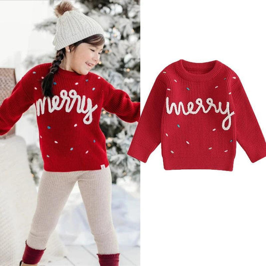 FOCUSNORM 0-3Y Winter Baby Girls Christmas Sweaters Xmas Letter Embroidered Long Sleeve Round Neck Ribbed Knitted Pullover - petguardiansupplies