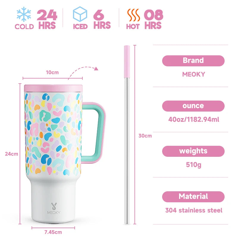 Meoky 40oz Tumbler Handle Straw Multiple Prints Stainless Steel Bottle Thermos Coffee Cup Portable Vacuum Insulated Car Mug Gift - petguardiansupplies