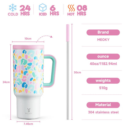 Meoky 40oz Tumbler Handle Straw Multiple Prints Stainless Steel Bottle Thermos Coffee Cup Portable Vacuum Insulated Car Mug Gift - petguardiansupplies