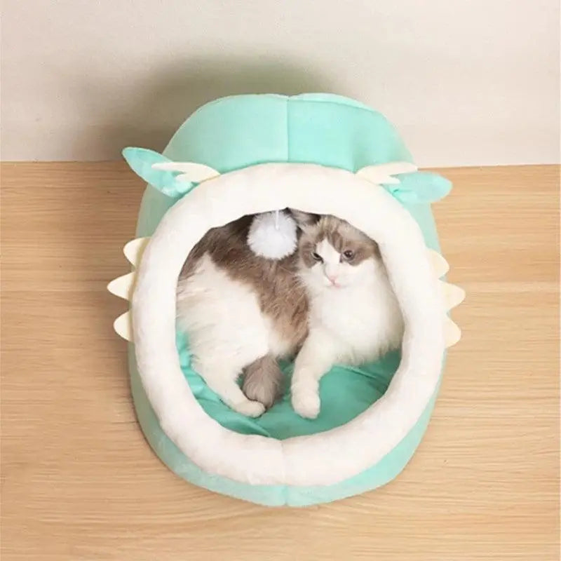 Dragon Cats Bed Dog House Plush Resting Cushion with Teaser Cats Warm Cave - petguardiansupplies