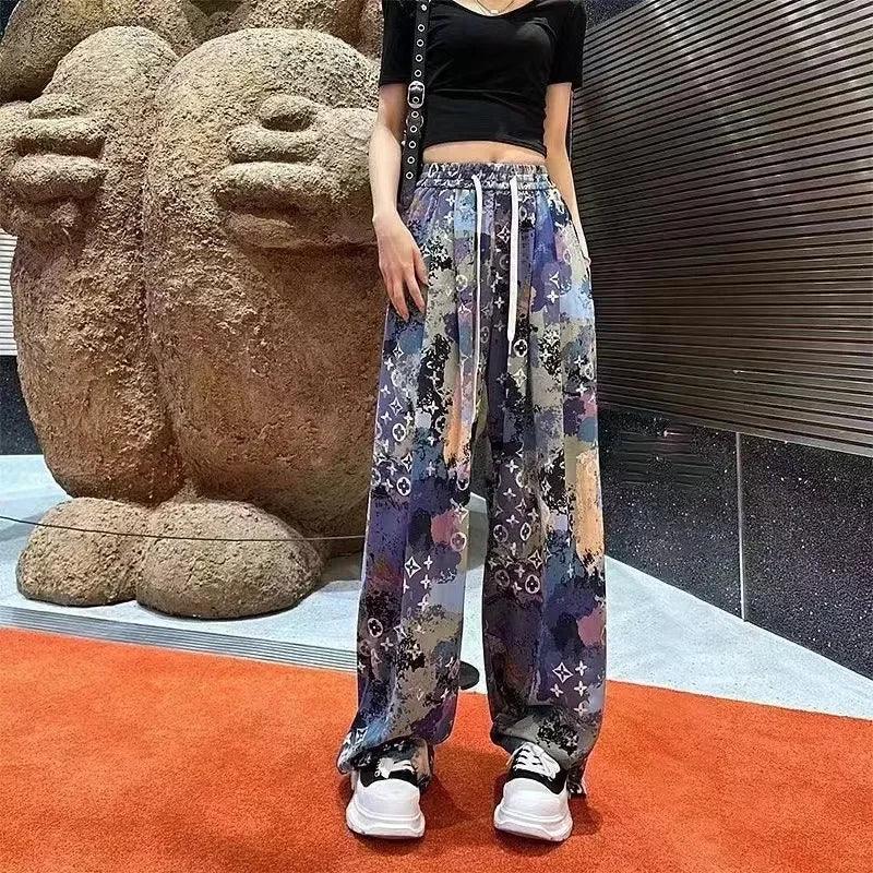 High-waisted Slimming Women's Bell Bottoms Casual Loose-fit Straight-leg Pants Summer Printing Ink Watermarked Chinese Style - petguardiansupplies