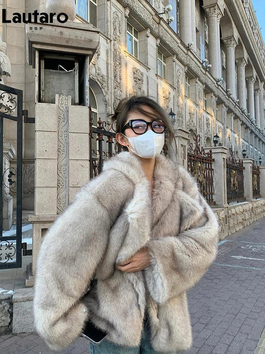 Lautaro Autumn Winter Oversized Loose Casual Luxury Soft Thick Warm Hairy Faux Fox Fur Coat Women Long Sleeve Fluffy Jacket 2024 - petguardiansupplies