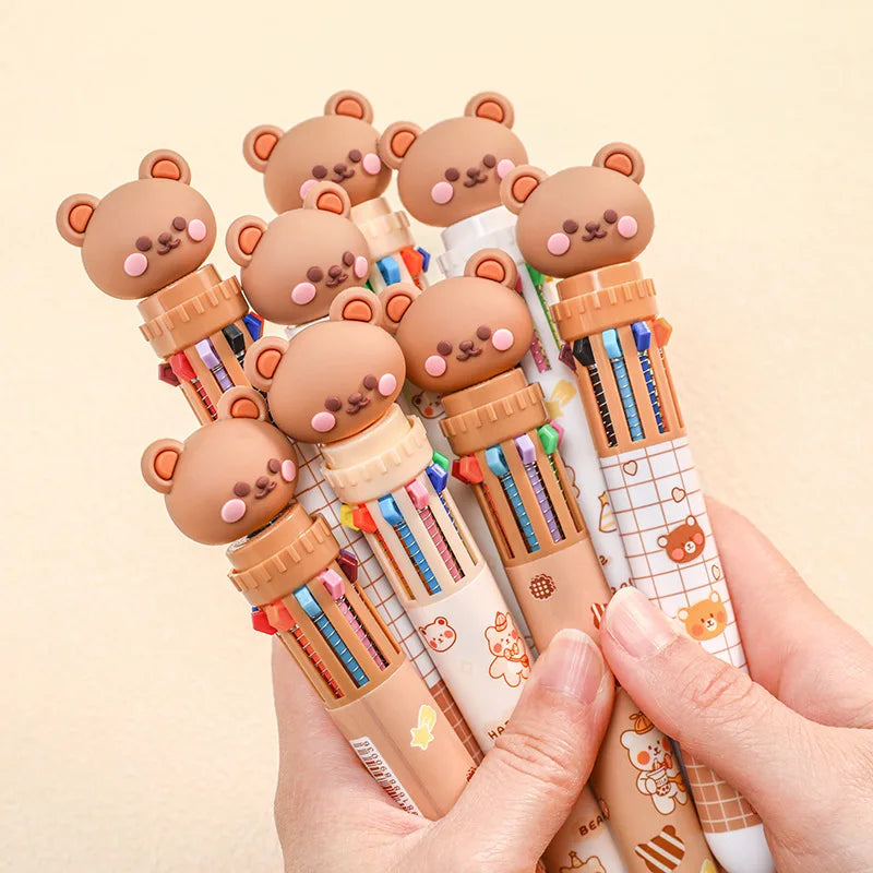 10 Colors Ballpoint Pen Cartoon Bear 0.5mm Colorful Ink Gel Pens Silicone Kawaii Pens School Office Supplies Korean Stationery - petguardiansupplies