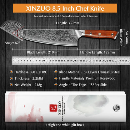 XINZUO 8.5 Inch Chef Knives High Carbon Chinese VG10 67 Layer Damascus Kitchen Knife Stainless Steel Gyuto Knife Rosewood Handle - petguardiansupplies