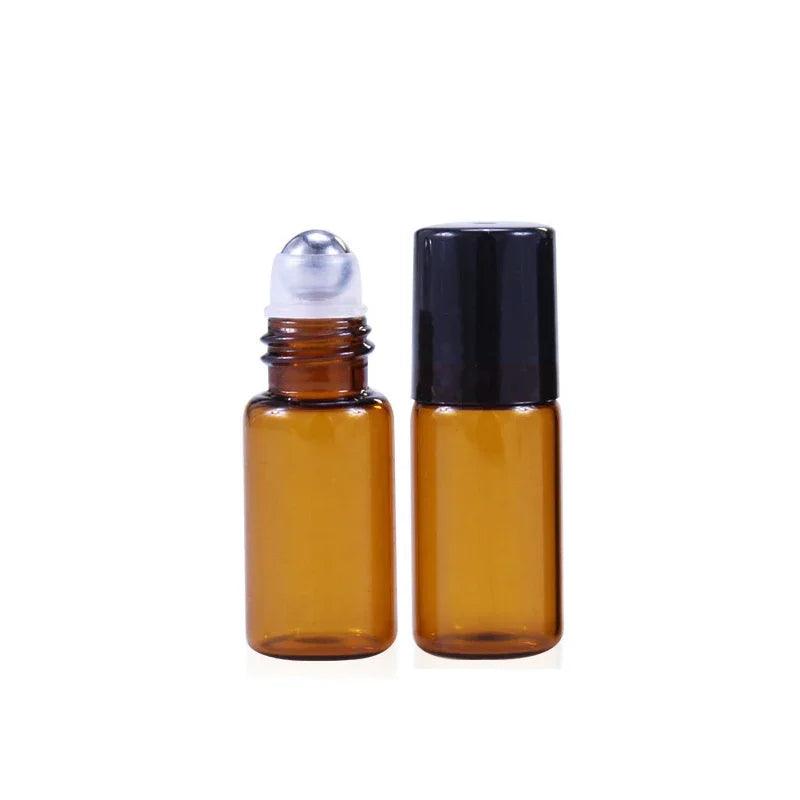 50PCS 1/2/3/5ML Metal Roller Ball Essential Glass Oil Bottle Empty Perfume Roll on Ball Refillable Liquid Container Amber - petguardiansupplies