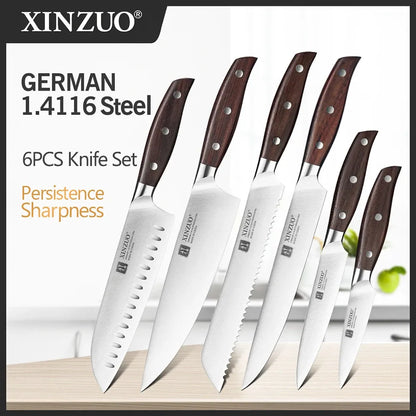 XINZUO Kitchen Tools 6 PCS Kitchen Knife Set of Utility Cleaver Chef Bread Knife High Carbon German Stainless Steel Knives Sets - petguardiansupplies