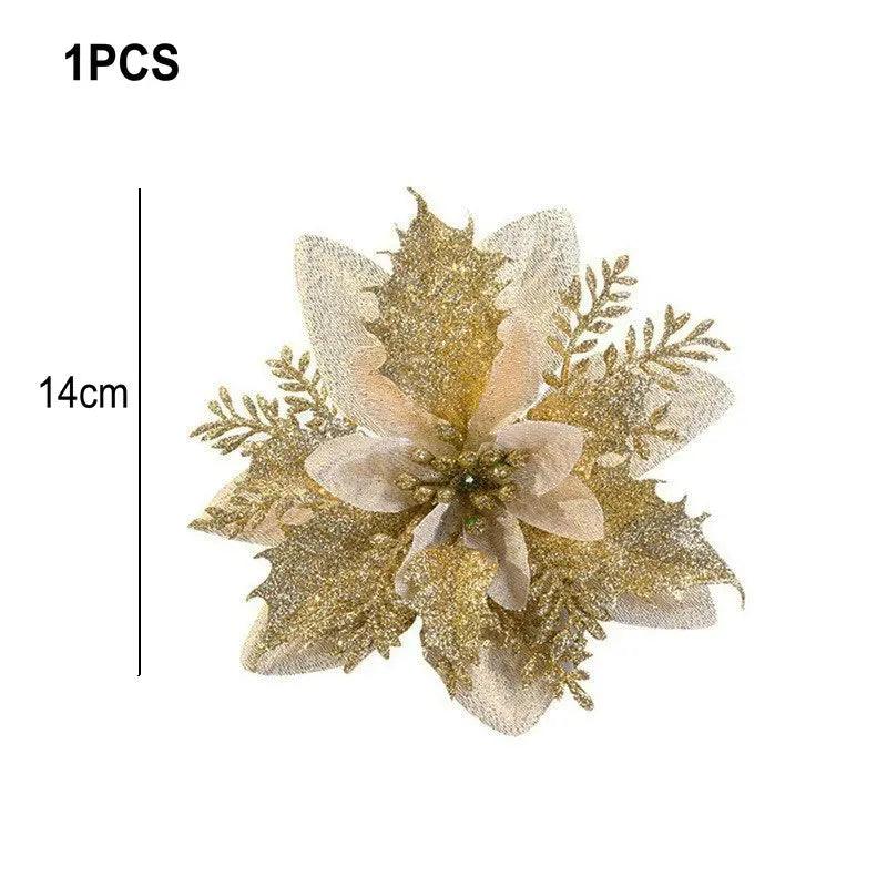 Glitter Artifical Christmas Flowers Merry Christmas Tree Decoration Happy New Year Ornaments Xmas Fake Flowers Natal - petguardiansupplies