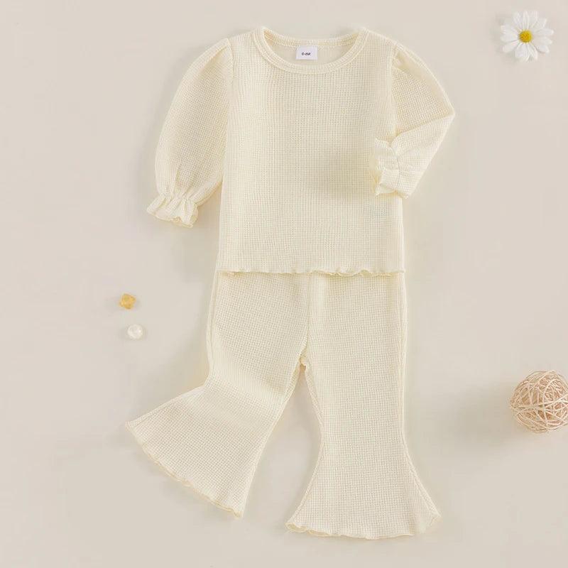 FOCUSNORM 0-3Y Lovely Baby Girls Autumn Clothes Sets 2pcs Solid Color Waffle Long Sleeve Tops and Elastic Flare Pants - petguardiansupplies