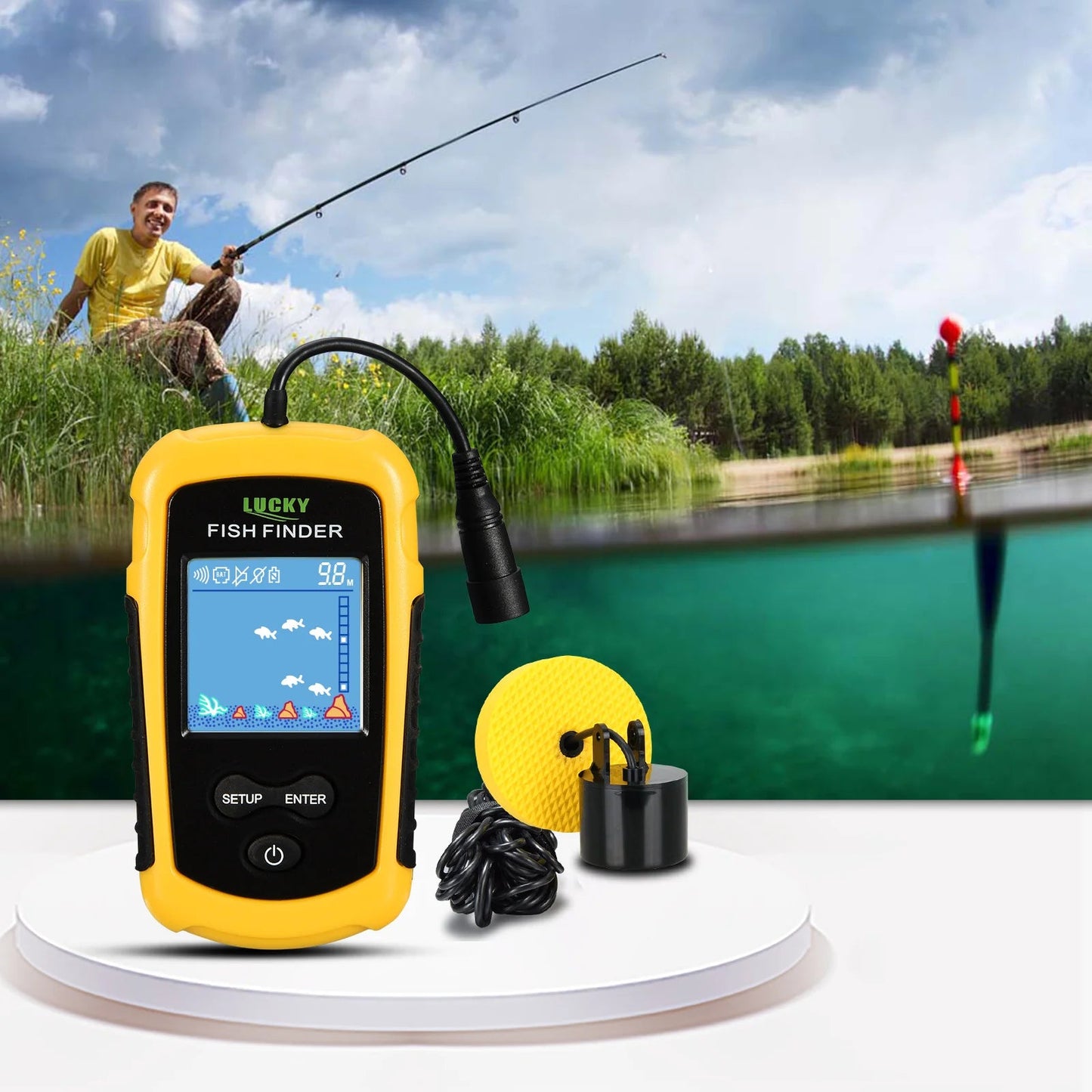 FFC1108-1 Alarm 100M Portable Sonar Fish Finders 45 degrees Sonar Coverage Echo Sounder Alarm Transducer Lake Sea Fishing - petguardiansupplies