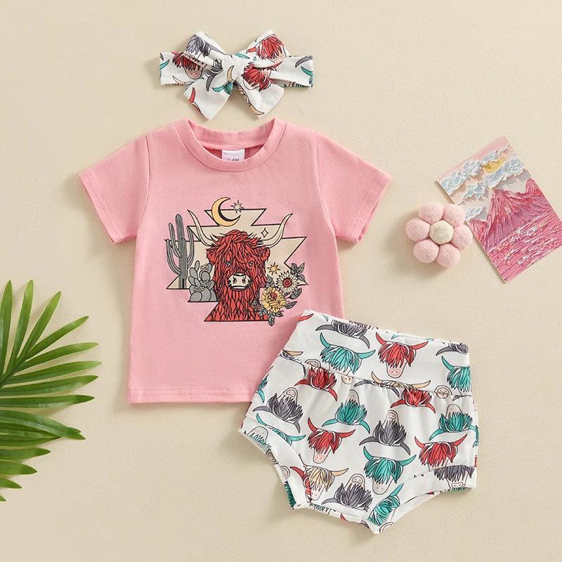 FOCUSNORM Toddler Baby Girls Western Clothes Sets 0-3Y Letter Print Short Sleeve T-Shirts Tops Cow Head/Boots Shorts Headband - petguardiansupplies