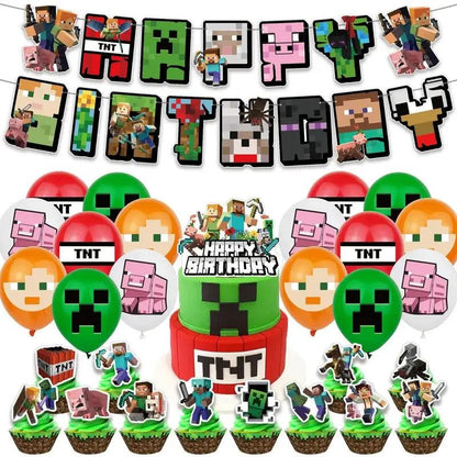 Miner Crafting Birthday Party Decoration Disposable Tableware Foil Balloon Banner Backdrop Cartoon Minecraft Game Theme Decor - petguardiansupplies