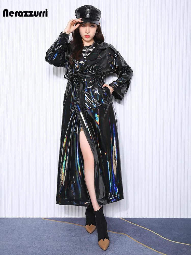 Nerazzurri Autumn Extra Long Black Holographic Shiny Reflective Stretchy Soft PVC Leather Trench Coat for Women European Fashion - petguardiansupplies