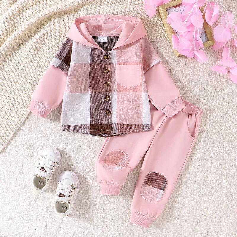 FOCUSNORM 0-4Y Toddler Little Boys Girls Clothes Set Color Patchwork Plaid Long Sleeve Button-up Hoodie Pants Outfits - petguardiansupplies