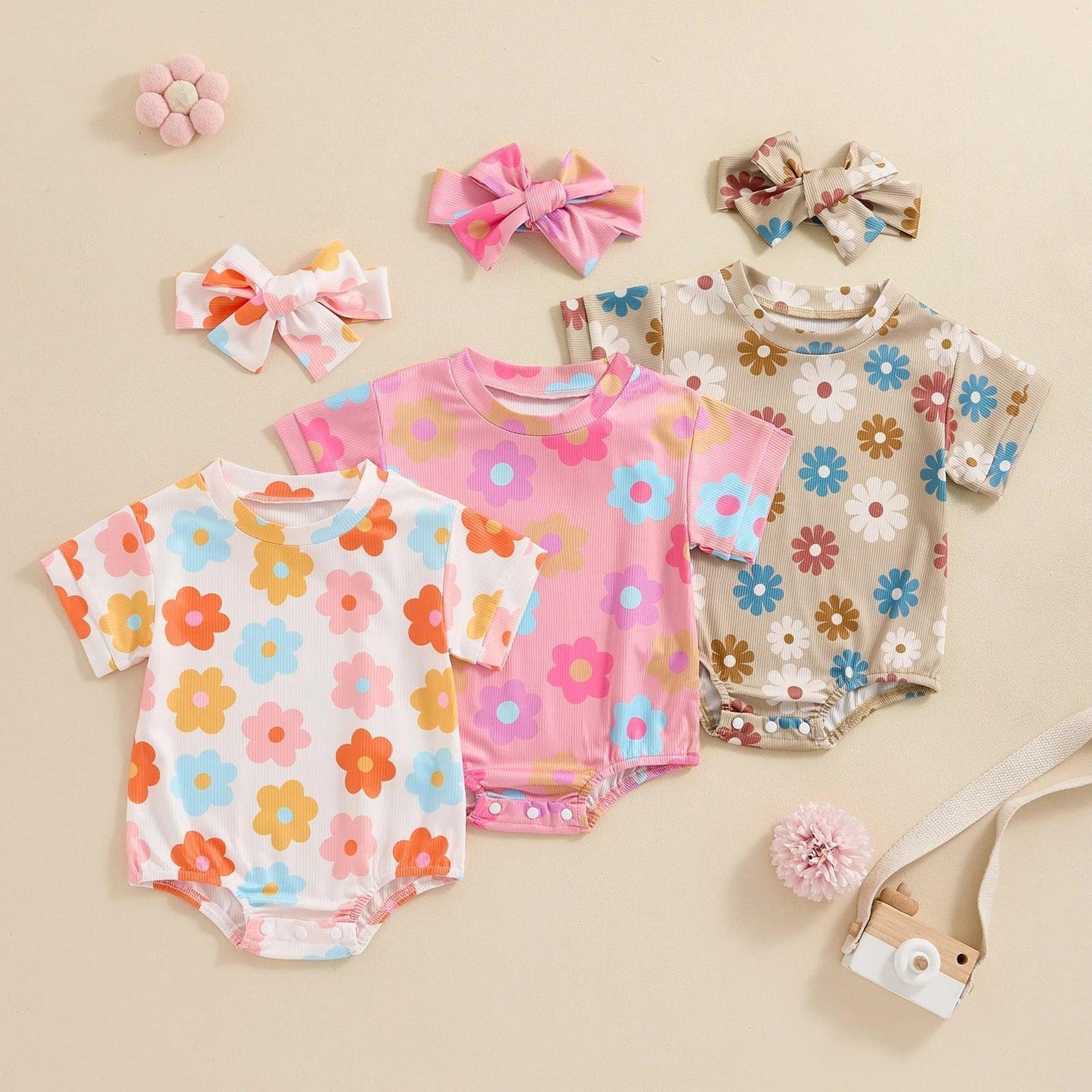 FOCUSNORM 0-18M Lovely Baby Girls Summer Cute Romper Short Sleeve O Neck Floral Print Jumpsuits with Headband - petguardiansupplies