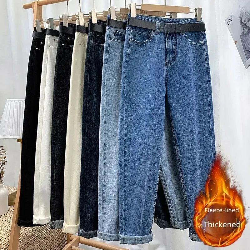 High-waisted Fleece-lined Women's Jeans Slimming Loose-fit Straight-leg Autumn/winter Warm Denim Pants - petguardiansupplies