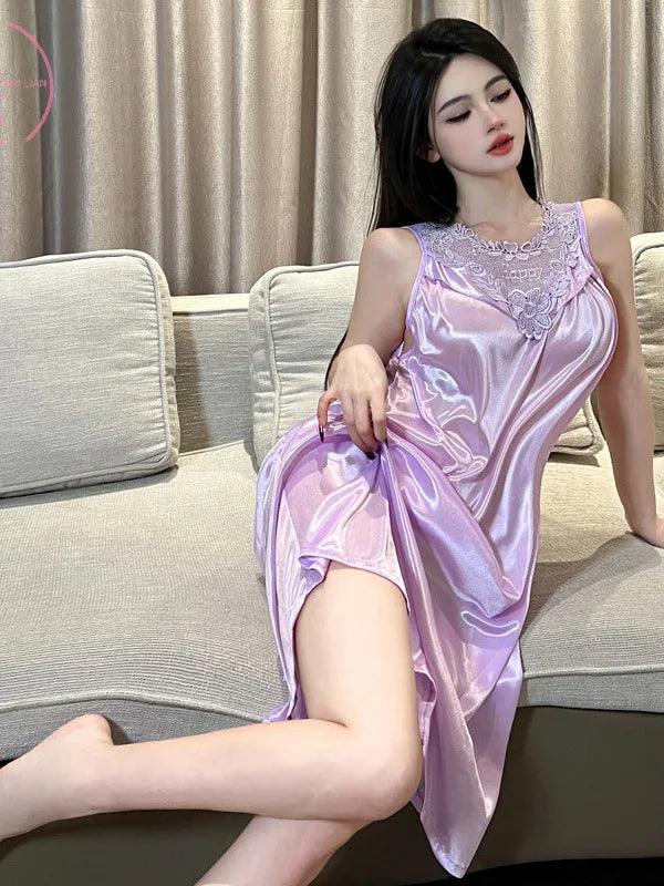 Loose Casual Purple Lace Long Dress Vest Tank O Neck Hot Sexy Korean Women Robe Fashion Sweet Women Tops 2024 New KZV9 - petguardiansupplies