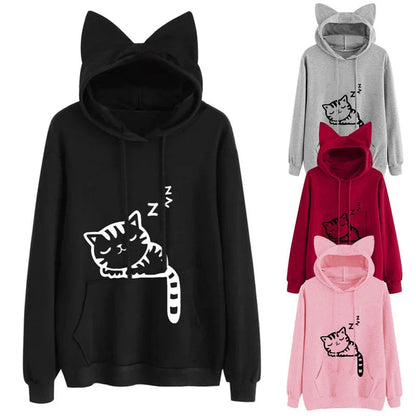 Women's Sweatshirt Cute Cat Ears Hooded Sweatshirt Fashion Cat Print Casual Long Sleeve Pullover - petguardiansupplies