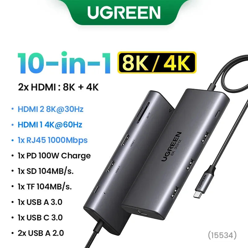 UGREEN Dual HDMI USB-C HUB 8K 4K HDMI Adapter 10 in 1 Splitter with RJ45 USB3.0 PD 100W Dock for MacBook Pro Air Laptop USB HUB - petguardiansupplies