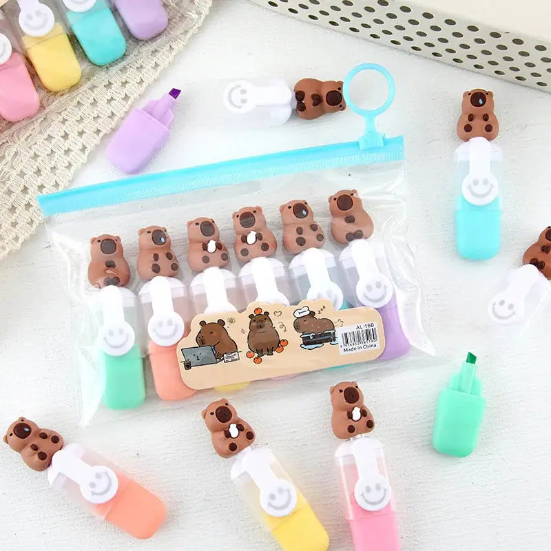 6Pcs/Set Cute Capybara Highlighter Pen Set Cartoon Markers Stationery Mini 6-color Highlighters Birthday Gift - petguardiansupplies