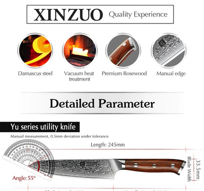 XINZUO 5'' Inch Utility Knives Japanese Damascus Steel Kitchen Knife Rosewood Handle Top Selling Small Knife Fruit Cook Knives - petguardiansupplies