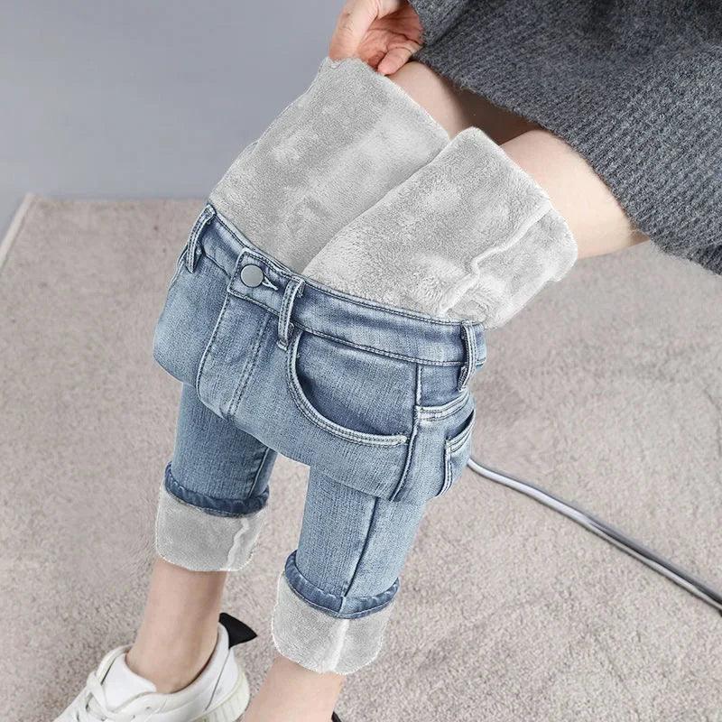 Winter Fleece-lined Thickened Women's Jeans Slimming Warm Elastic Pencil-leg Trousers - petguardiansupplies