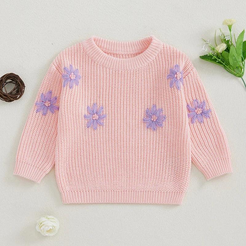 FOCUSNORM 0-3Y Autumn Winter Baby Girls Sweater Flower Embroidery Crew Neck Long Sleeve Kids Pullovers Fall Tops - petguardiansupplies