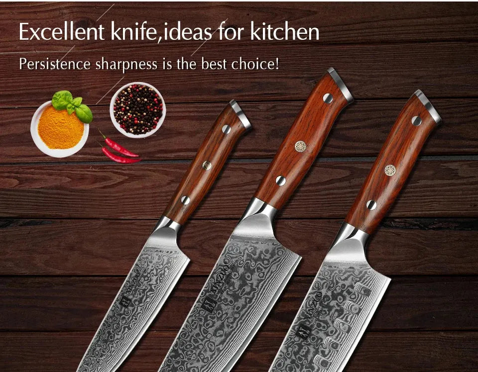 XINZUO 1PCS or 3PCS Kitchen Knife Sets Japanese Forged Damascus Steel Chef Santoku Knives Stainless Steel Rosewood Handle - petguardiansupplies