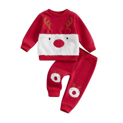 FOCUSNORM 0-3Y Autumn Winter Baby Girls Boys Christmas Clothes Sets Fur Reindeer Embroidery Long Sleeve Sweatshirt with Pants - petguardiansupplies