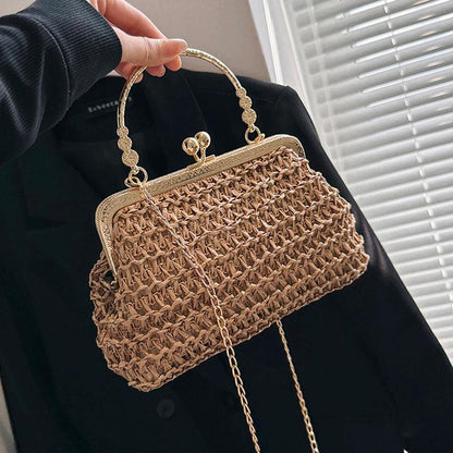 Summer Beach Straw Bags Exquisite Gold Chain Party Banquet Purse Hand Woven Handbag Female Clutch Bag Shoulder Crossbody Bags - petguardiansupplies