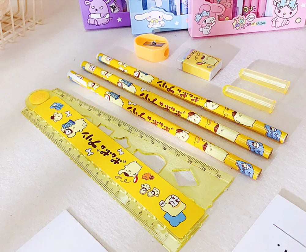 Sanrio Hello Kitty 8PCS Stationery Set Pencils Erasers Rulers Cartoon Cinnamoroll Melody Kuromi School Students Supplies Gifts - petguardiansupplies