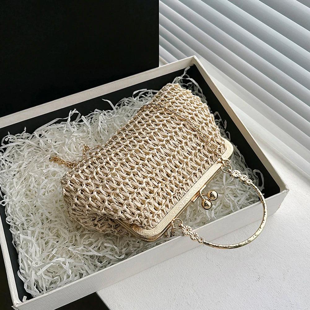 Summer Beach Straw Bags Exquisite Gold Chain Party Banquet Purse Hand Woven Handbag Female Clutch Bag Shoulder Crossbody Bags - petguardiansupplies