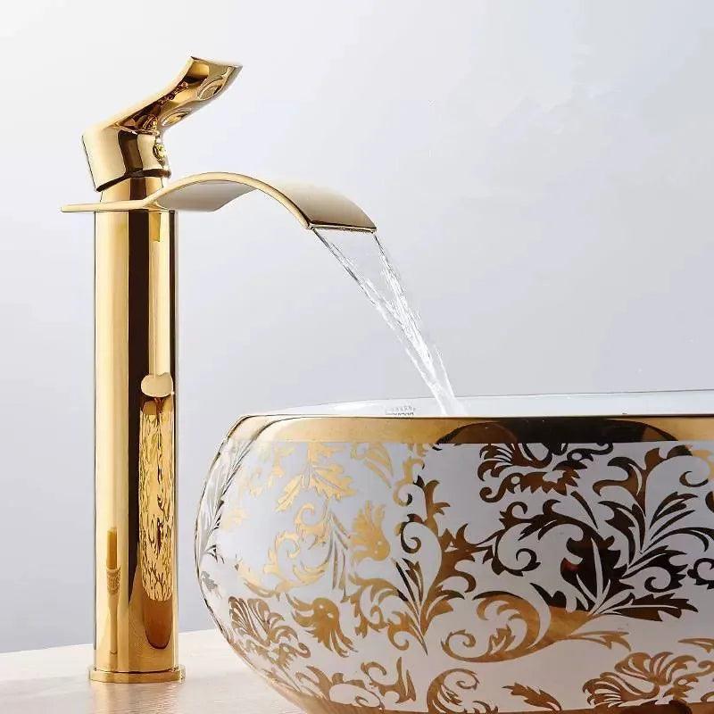 Basin Faucet Gold and white Waterfall Faucet Brass Bathroom Faucet Bathroom Basin Faucet Mixer Tap Hot and Cold Sink faucet - petguardiansupplies