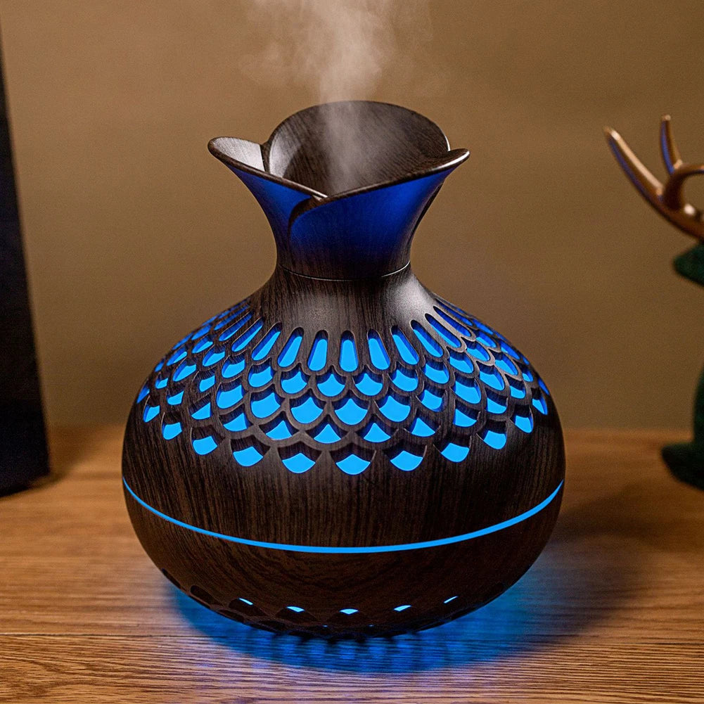 300ML Wood Grain Flower Humidifier Silent Aromatherapy Diffuser USB Rechargeable Mini Humidifier with Colourful Night Light - petguardiansupplies