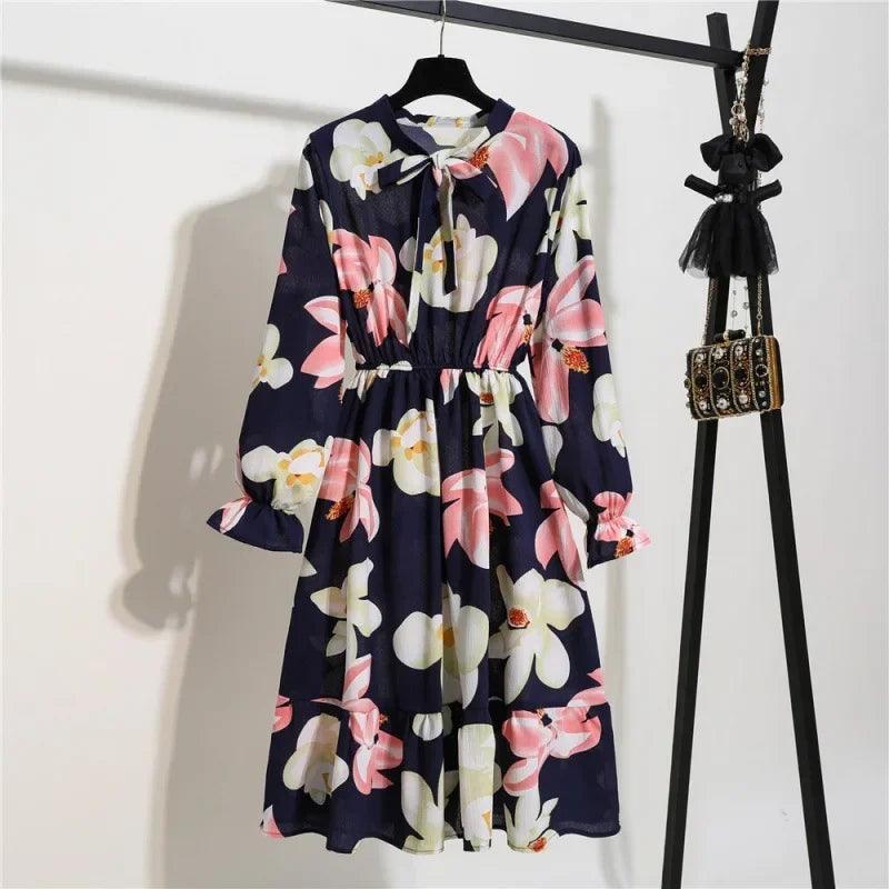 Elegant Women's Ruffle Edge Floral Print Dress Spring/autumn Waist-fitted Bow Tie Bottoming Dress - petguardiansupplies