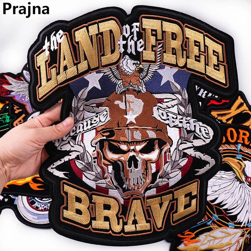 LAND FREE BRAVE Patch Large Back Embroidered Patches Motorcycle Biker Sewing Patch Iron On Patches For Clothing Jacket Jeans DIY - petguardiansupplies