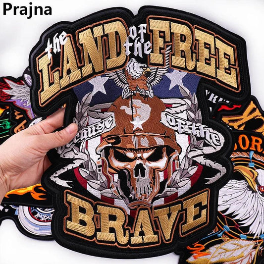 LAND FREE BRAVE Patch Large Back Embroidered Patches Motorcycle Biker Sewing Patch Iron On Patches For Clothing Jacket Jeans DIY - petguardiansupplies