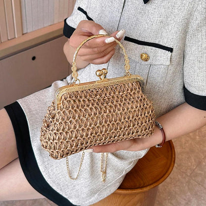 Summer Beach Straw Bags Exquisite Gold Chain Party Banquet Purse Hand Woven Handbag Female Clutch Bag Shoulder Crossbody Bags - petguardiansupplies