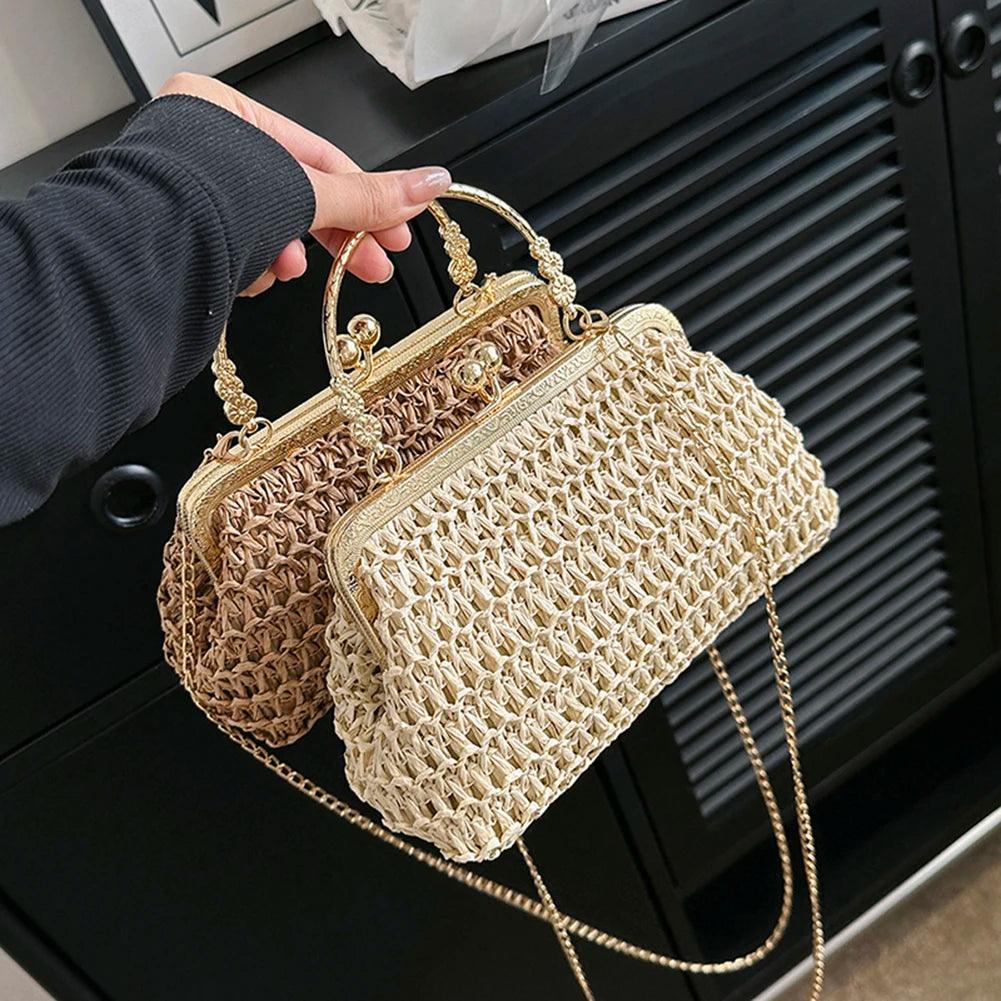 Summer Beach Straw Bags Exquisite Gold Chain Party Banquet Purse Hand Woven Handbag Female Clutch Bag Shoulder Crossbody Bags - petguardiansupplies