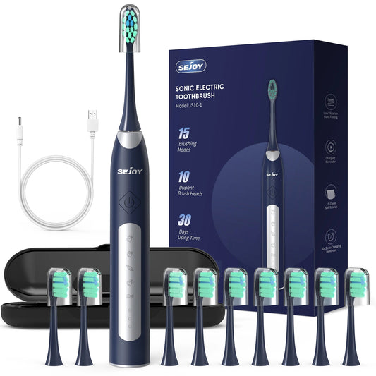 Sejoy JS10-1 Electric Sonic Toothbrush with 10 pcs Replacement Heads Rechargeable Waterproof Electronic Tooth Brushes - petguardiansupplies