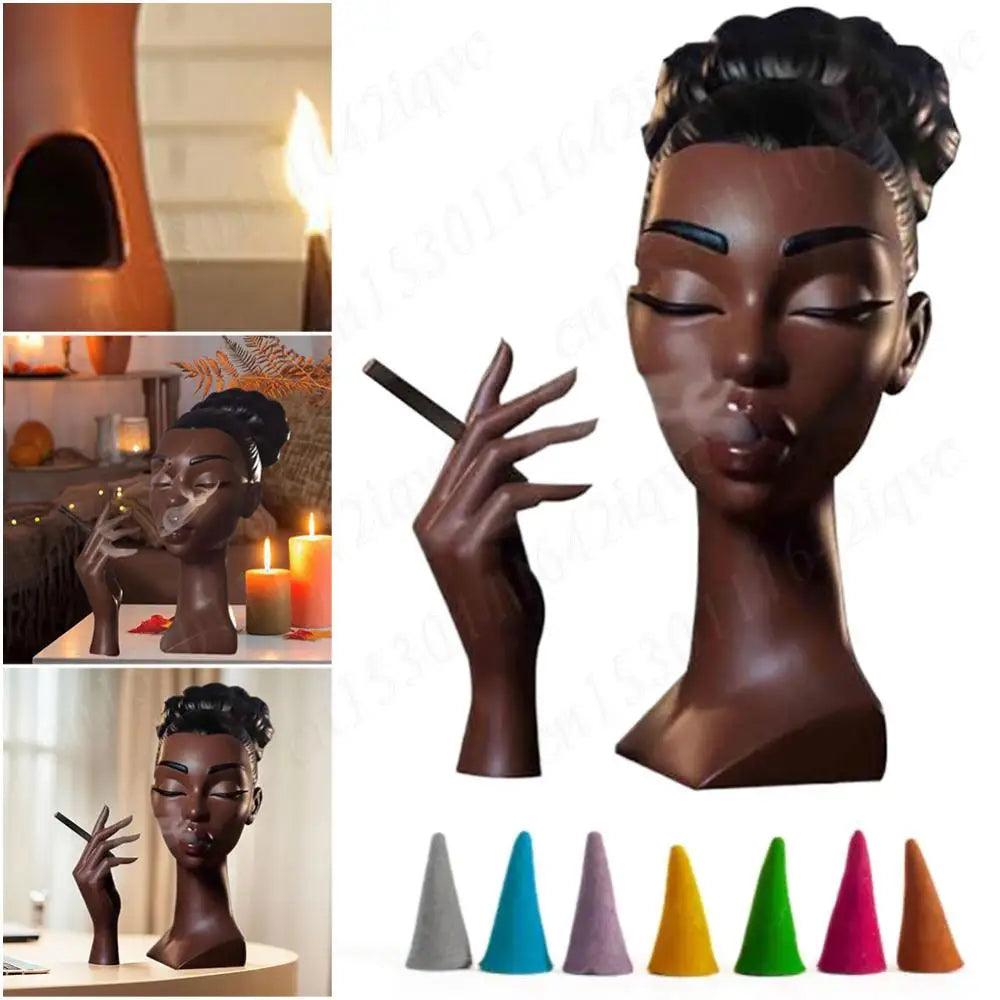 Headscents-Head Incense Burner Black Women Face Incense Holder Handmade Incense Stick Holder Statue for Home Bedroom Office - petguardiansupplies