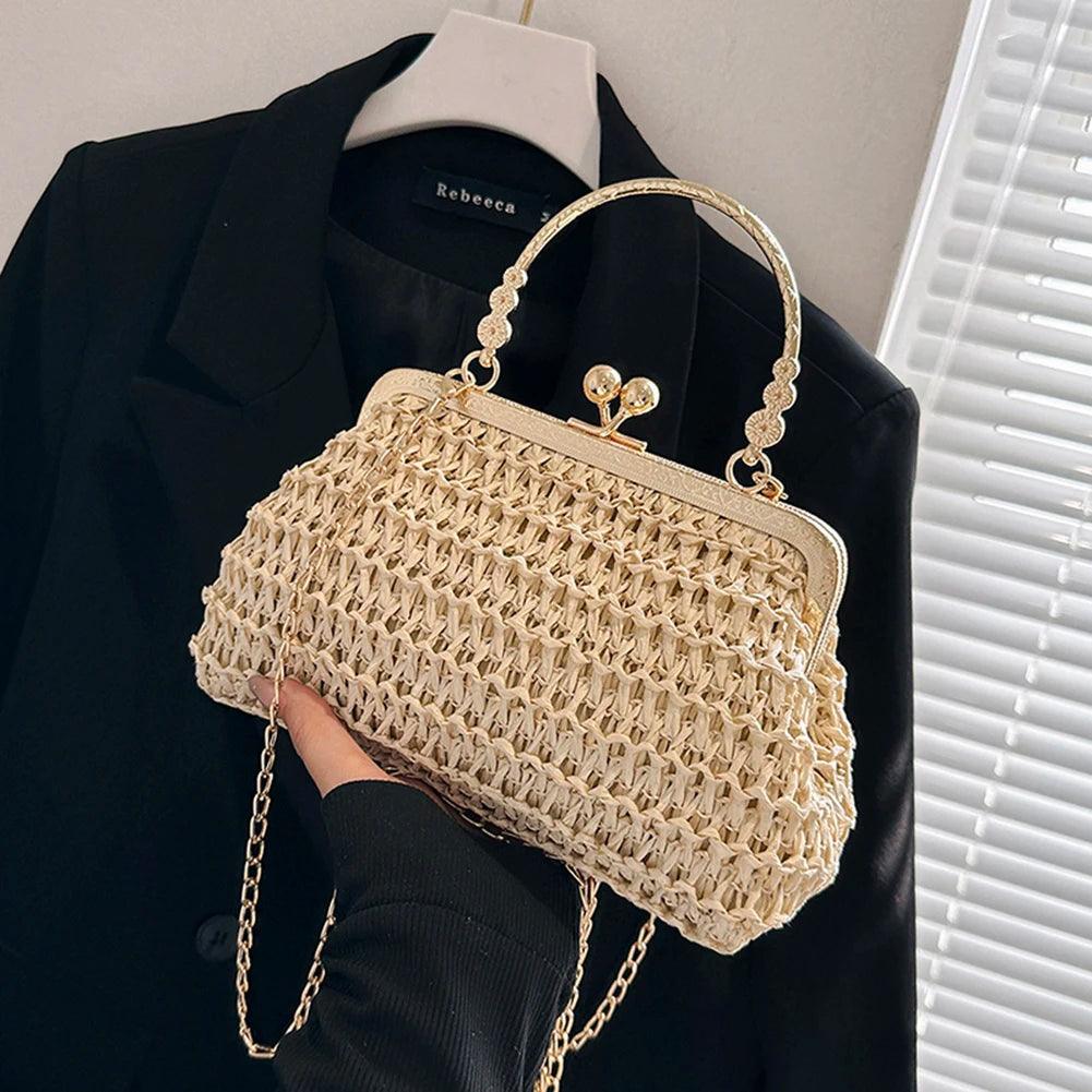 Summer Beach Straw Bags Exquisite Gold Chain Party Banquet Purse Hand Woven Handbag Female Clutch Bag Shoulder Crossbody Bags - petguardiansupplies