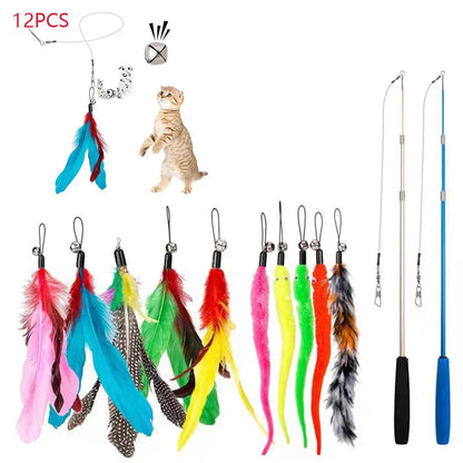 12Pcs Kitten Cat Toy Feather Bell Wand Teaser Rod Interactive Play Pet Toys Gift - petguardiansupplies