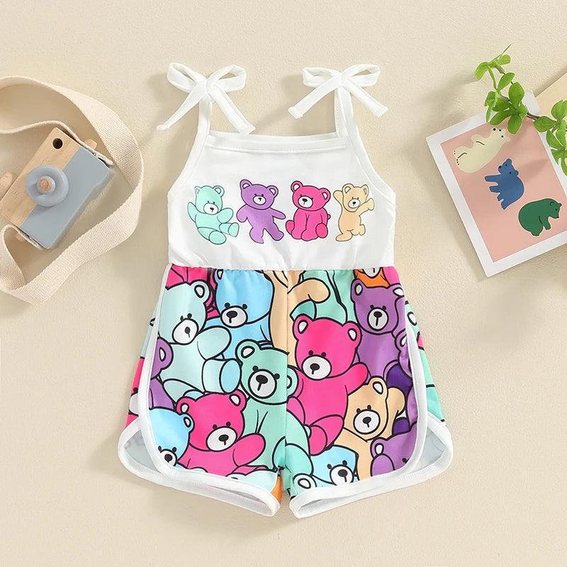 FOCUSNORM 0-4Y Toddler Baby Girls Cute Romper Summer Sleeveless Strap Cartoon Bear Print Jumpsuit for Newborn - petguardiansupplies