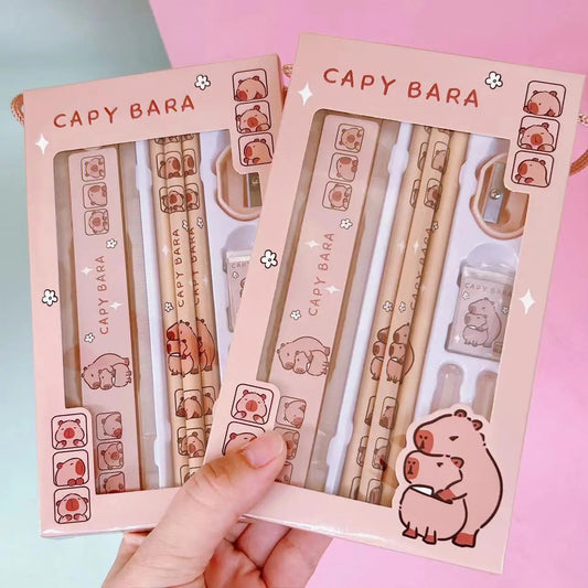 8 in 1 Capybara Cartoon Animals Pencil Ruler Eraser Sharpener Stationery Set Kids School Office Writing Supplies Gift - petguardiansupplies