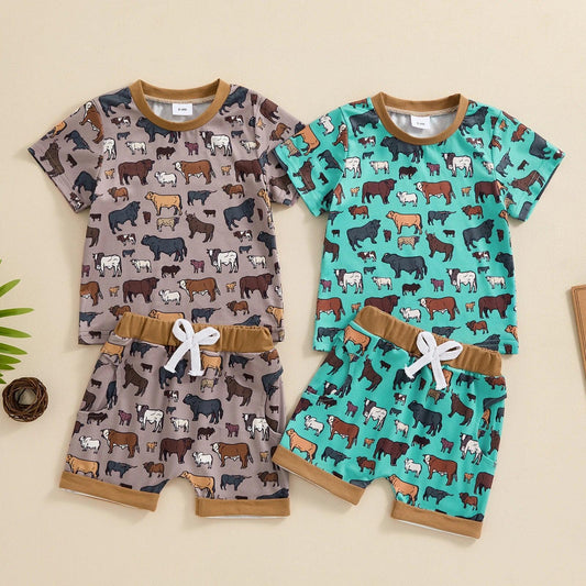 FOCUSNORM 0-3Y Casual Baby Boys Summer Western Clothes Sets Cow Cattle Print Short Sleeve T-Shirt Elastic Waist Shorts - petguardiansupplies