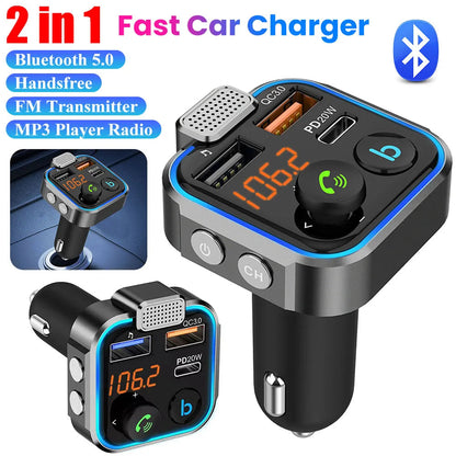 Fast Charging Car Charger PD 20W QC3.0 Wireless FM Transmitter Bluetooth Audio Handsfree Phone Adapter Car MP3 Player Modulator - petguardiansupplies