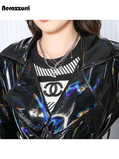 Nerazzurri Autumn Extra Long Black Holographic Shiny Reflective Stretchy Soft PVC Leather Trench Coat for Women European Fashion - petguardiansupplies