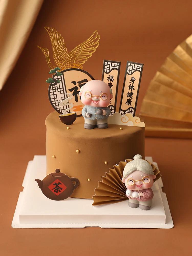 Longevity Grandma Grandpa Cake Topper for Old People Birthday Party Decoration Chinese Blessing Baking Supplies Dessert Gifts - petguardiansupplies